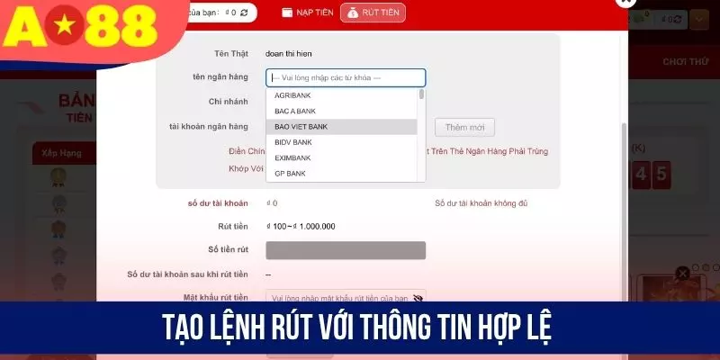 Tạo lệnh rút với thông tin hợp lệ